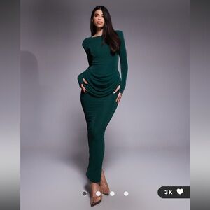 Long sleeve slash neck drape waist bodycon maxi dress emerald glitter